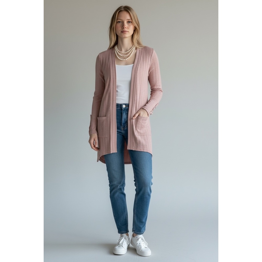 Maurices Pink Pointelle Ribbed Open Front Longline Cardigan Sweater Small NWT
